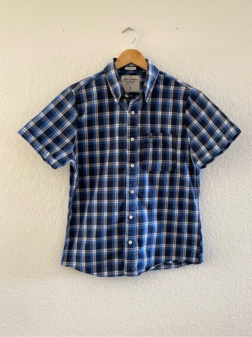 Abercrombie & Fitch Vintage Y2K Blue Plaid Muscle Short Sleeve Button Shirt XL